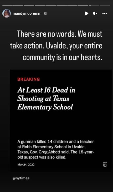 Mandy Moore posts about the Texas elementary school shooting on her Instagram story on May 24, 2022. (Mandy Moore / Instagram)