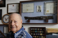 CORRECTS AGE TO 101 INSTEAD OF 102 - Pearl Harbor survivor Lou Conter, 101, is seen at his home in Grass Valley, Calif., Friday, Nov. 18, 2022. Conter survived the devastating explosion that destroyed the battleship, USS Arizona during the Japanese attack on Pearl Harbor, Dec. 7, 1941. (AP Photo/Rich Pedroncelli)