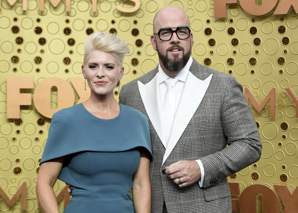 Rachel Sullivan, left, and Chris Sullivan arrive at the 71st Primetime Emmy Awards on Sunday, Sept. 22, 2019, at the Microsoft Theater in Los Angeles. (Photo by Jordan Strauss/Invision/AP)