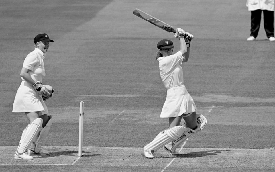 England Women's Carole Hodges bats during her innings of 45 runs in the Women's World Cup Final between England Women and New Zealand Women at Lords Cricket Ground, London, 1 August 1993. New Zealand's keeper Sarah Illingworth .  England Women won the match by 67 runs