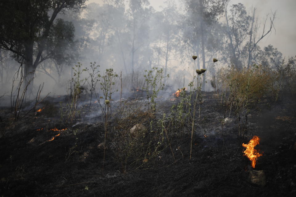 Smoke rises as a wildfire rages near in Kfar Uriya, Thursday, May 23, 2019. Israeli police have ordered the evacuation of several communities in southern and central Israel as wildfires rage amid a major heatwave. (AP Photo/Ariel Schalit)