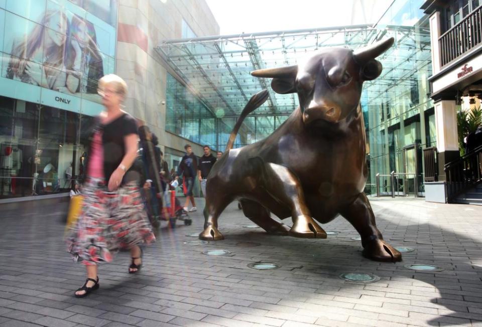 The bronze bull at the junction of New Street and High Street in Birmingham.