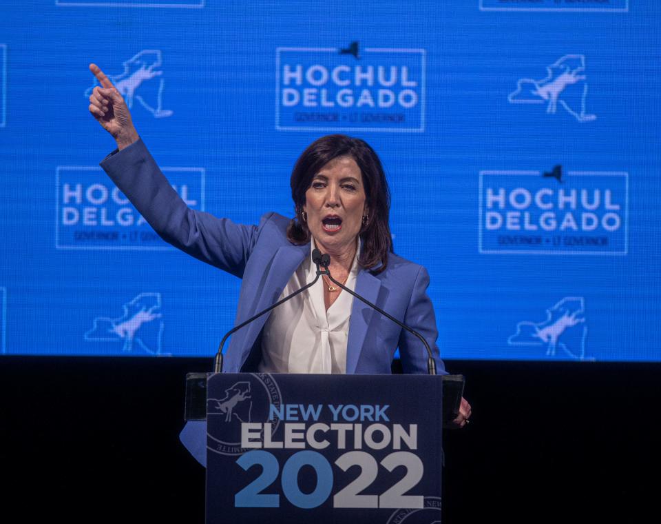 New York Gov. Kathy Hochul addresses supporters after being elected Governor for a full four year term Nov. 8, 2022. Hochul and supporters were gathering at Capitale in Lower Manhattan.
(Photo: Seth Harrison/USA TODAY NETWORK)