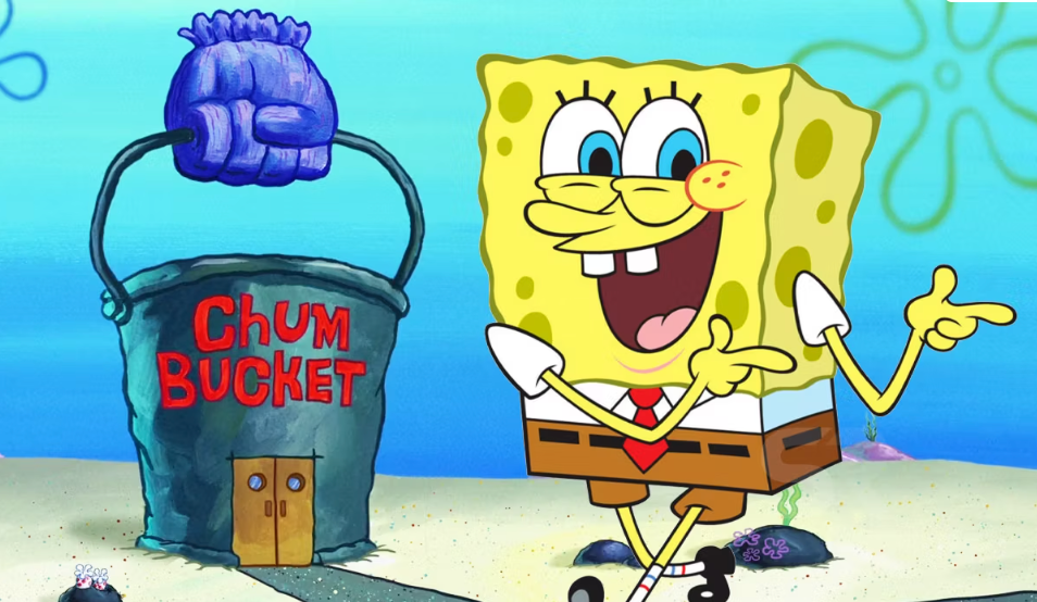 The "ChUM Bucket" name on the restaurant door with SpongeBob smiling