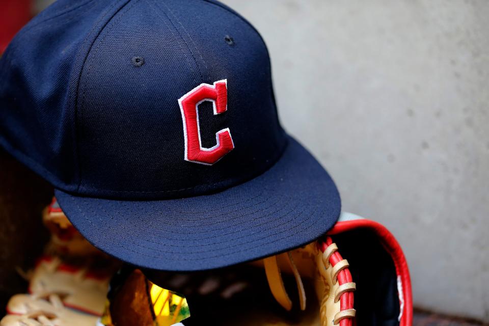 A ball cap sports the Cleveland Guardians logo in the third inning of the MLB Inter-league game between the Cincinnati Reds and the Cleveland Guardians at Great American Ball Park in downtown Cincinnati on April 12, 2022.