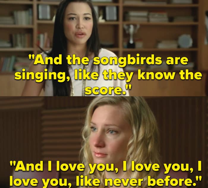 Santana Lopez wears an off the shoulder blouse and a close up of Brittany S. Pierce as she cries