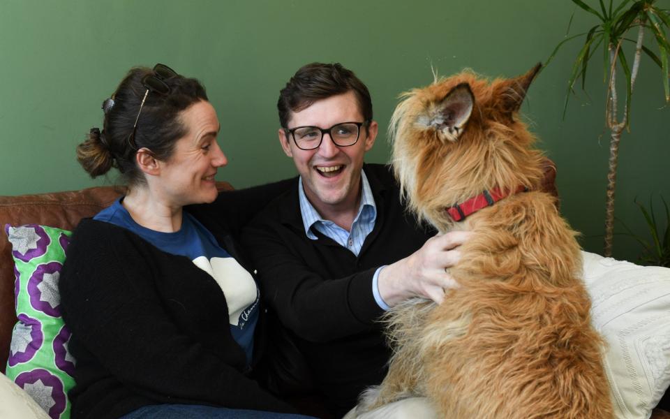 Simon Boas with his wife Aurelie and dog Pippin