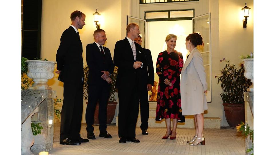 Sophie, the Duchess of Edinburghwears a floral dress as she is greeted by the British High Commissioner to Malta, Katherine Ward.