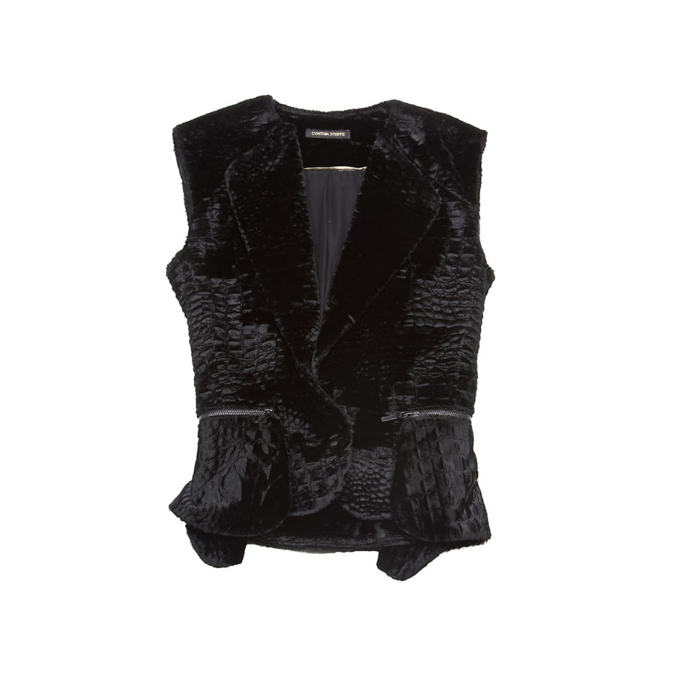 Cynthia Steffe black embossed faux fur annak vest