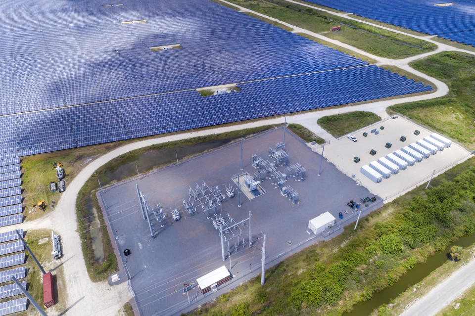 Florida, Babcock Ranch, aerial of large photovoltaic power station. (Photo by: Jeffrey Greenberg/Education Images/Universal Images Group via Getty Images)