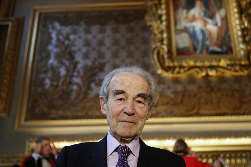 FILE - Former French Justice Minister Robert Badinter attends a ceremony at The Cour de Cassation, France's highest judicial court at the Paris courthouse, in Paris, Monday, Jan. 15, 2018. Robert Badinter, who led the campaign to abolish France's death penalty in the 1980s, has died at age 95. French President Emmanuel Macron hailed Badinter, a former justice minister and revered human rights defender, as a ''figure of the century'' who ''never ceased to plead for the ideas of the Enlightenment.'' (AP Photo/Francois Mori, pool, File)