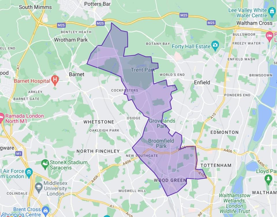 Constituency map of Southgate and Wood Green (Google Maps)