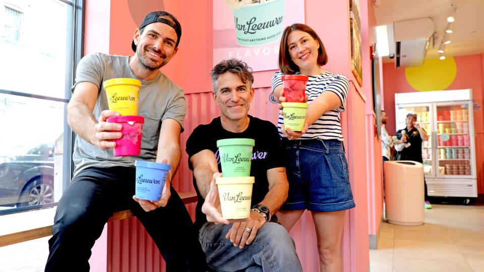 Ben (left) with his co-founders, brother Pete (middle) and close friend Laura. (Photo: Van Leeuwen Singapore)