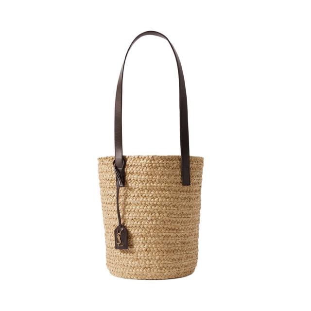 Dolce Vita Shaena Bucket Bag Drawstring Leather Trim Raffia Top