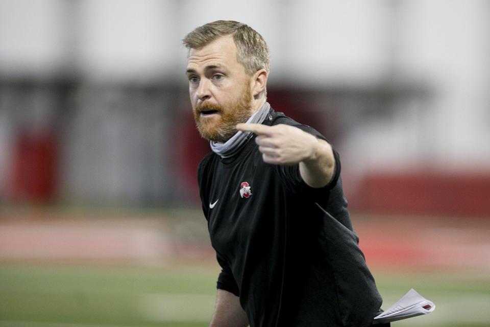 Defensive backs coach Matt Barnes, during Ohio State spring football practice, at Woody Hayes Athletic Center, Friday April 2, 2021.  