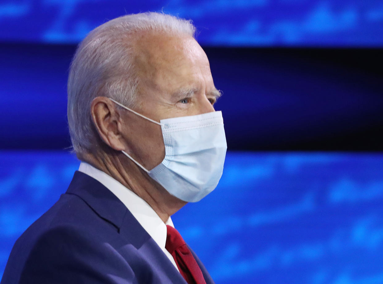 PHILADELPHIA, PENNSYLVANIA - OCTOBER 15: Democratic presidential nominee Joe Biden participates in a Town Hall format meeting with ABC News Chief Anchor George Stephanopoulos at the National Constitution Center October 15, 2020 in Philadelphia, Pennsylvania. The second presidential debate was originally scheduled for this day but was cancelled after President Donald Trump refused to participate in a 'virtual' debate after he tested positive for the coronavirus and was hospitalized for three days. (Photo by Chip Somodevilla/Getty Images)