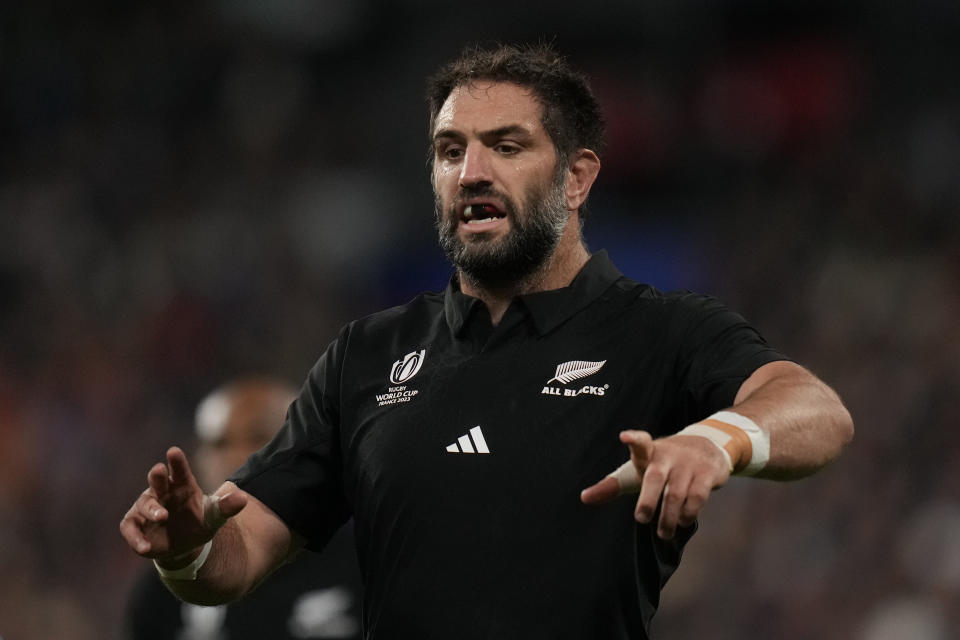 New Zealand's Samuel Whitelock reacts during the Rugby World Cup semifinal match between Argentina and New Zealand at the Stade de France in Saint-Denis, outside Paris, Thursday, 19, 2023. (AP Photo/Thibault Camus)