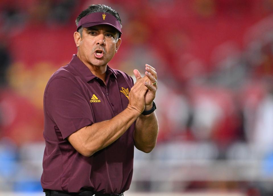 Oct 1, 2022; Los Angeles, California, USA;  Arizona State Sun Devils head coach Shaun Aguano reacts on the field before a game against the USC Trojans at United Airlines Field at the Los Angeles Memorial Coliseum.