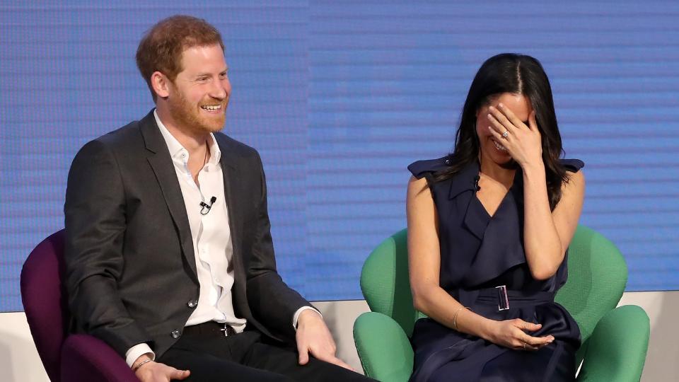 <p> In February 2018, Prince Harry, his then-fiancée Meghan Markle, Prince William and Kate Middleton appeared on stage at the first annual Royal Foundation Forum in London, marking the fab foursome’s first joint appearance together. </p> <p> While Meghan might have broken royal protocol during the highly-anticipated appearance - sharing her opinions on hotbed political issues like the #MeToo movement - she also had a goofy and relatable moment of embarrassment, hiding her face in her hands and letting us know that yes, even Duchesses (to be) have embarrassing gaffes. </p>