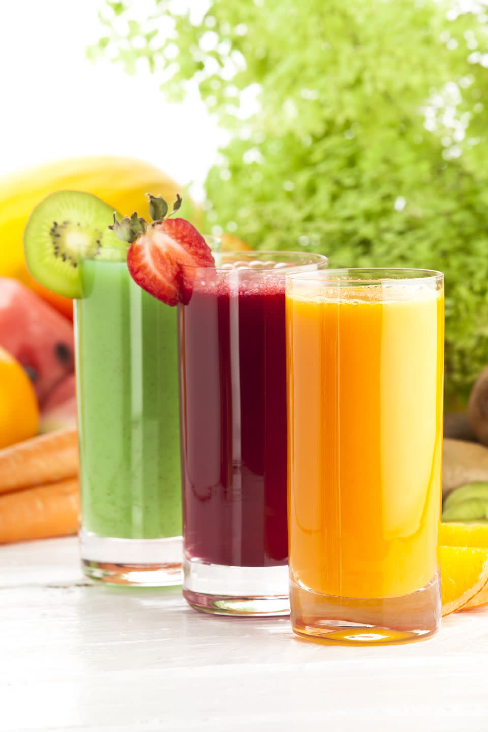 <p>Juice itself "is still a concentrated source of sugar," says London. "There are at least six oranges in a one cup of OJ," she adds. Skip the juice and eat the whole fruit, which will offer more filling fiber and nutrients found in the pulp and skin.</p>