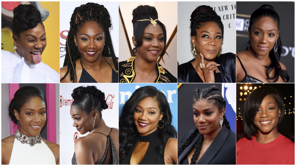 This combination photo shows various hairstyles worn by actress-comedian Tiffany Haddish. Haddish recalls leaving the set of a big-budget movie in tears in search of someone who could properly do her hair. From Oscar winners to stars on the rise, many African American actresses have similar stories about hair struggles in Hollywood. While the industry is known for its glamour and beauty, some say the lack of diversity behind the scenes has led to challenging situations for women of color. (AP Photo)