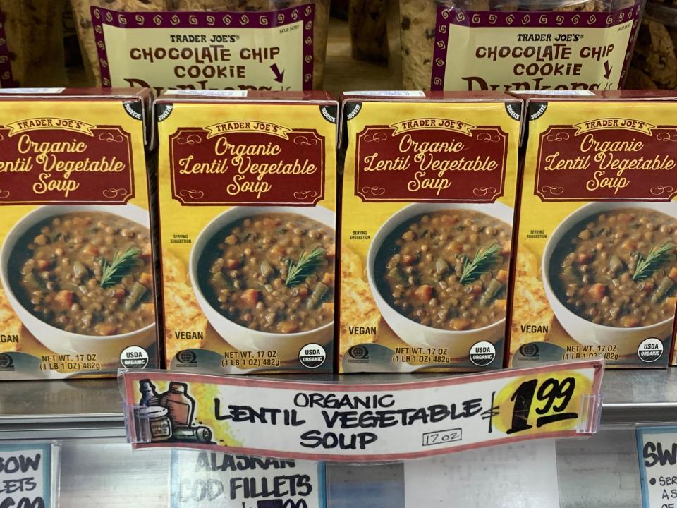 lentil vegetable soup on the shelves at trader joes