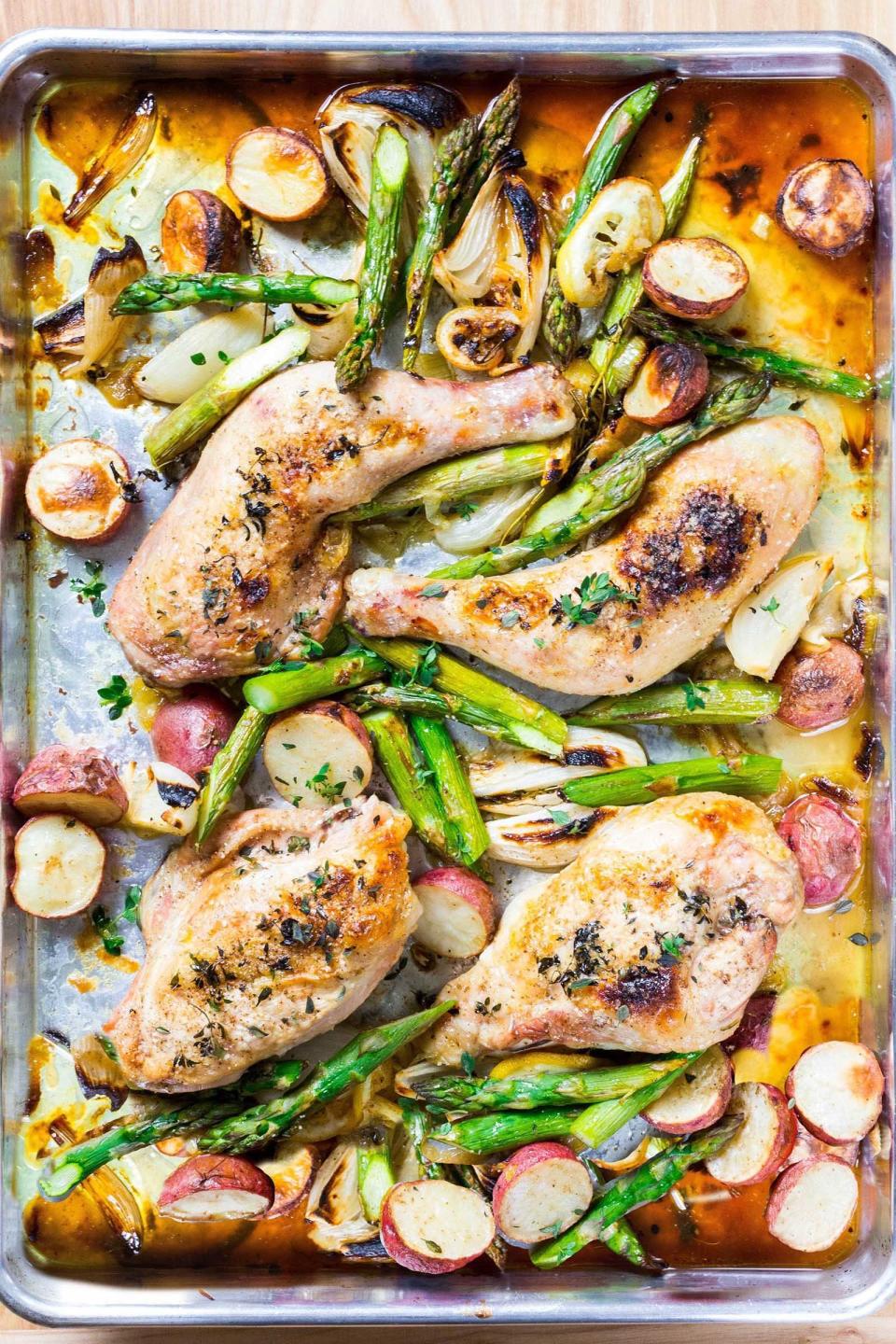 <strong>Get the <a href="https://www.simplyrecipes.com/recipes/sheet_pan_chicken_with_asparagus_and_potatoes/" target="_blank">Sheet Pan Chicken With Asparagus And Potatoes</a> recipe from Simply Recipes</strong>