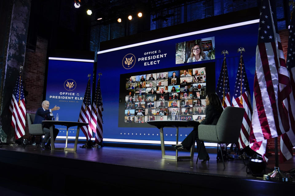 President-elect Joe Biden and Vice President-elect Kamala Harris attend a meeting at The Queen theater Monday, Nov. 23, 2020, in Wilmington, Del. (AP Photo/Carolyn Kaster)