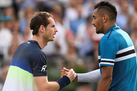 Tennis - ATP 500 - Fever-Tree Championships - The Queen's Club, London, Britain - June 19, 2018 Australia's Nick Kyrgios shakes hands with Great Britain's Andy Murray after winning his first round match Action Images via Reuters/Tony O'Brien