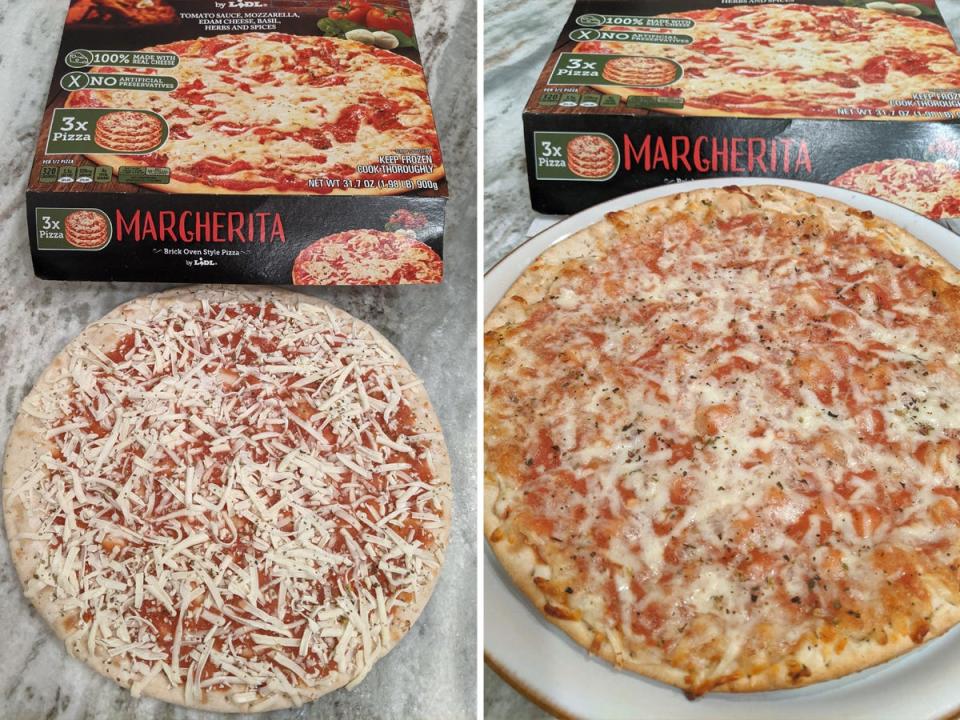 side by side photos of uncooked and cooked lidl cheese pizza