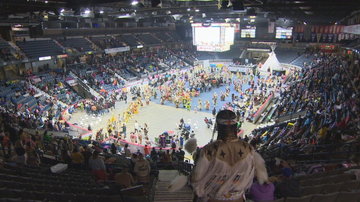 Following a bear spray assault that police said happened as people were exiting the Brandt Centre on Saturday, the powwow organizers shut the event down early for safety reasons.  (Clara Fortin/CBC - image credit)