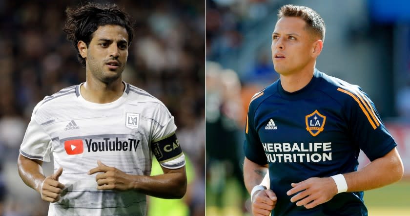 A split-image photo of LAFC's Carlos Vela, left, and Galaxy's Javier "Chicharito" Hernández