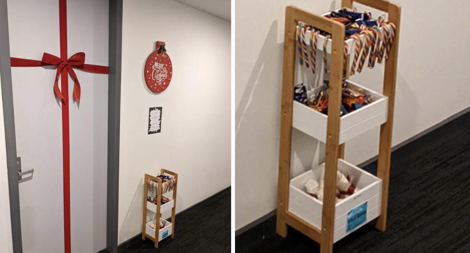 The front door with a red ribbon (left) and a close up of the Christmas shelving unit with candy canes and chocolate (right).