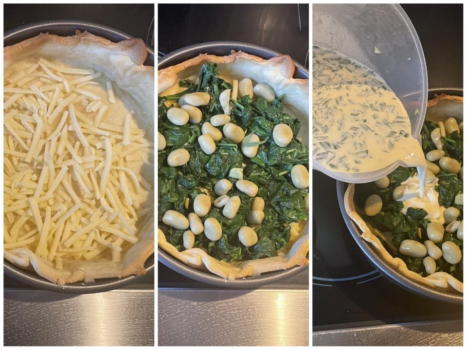 A composite image showing the quiche base layered with cheese, then with the beans and spinach, and then pouring the egg mixture over it.