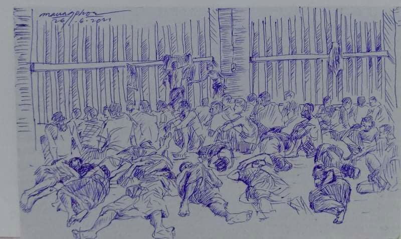 A smuggled sketch shows people inside of Myanmar's Insein prison with a written date June 26, 2021, in this undated picture obtained by REUTERS