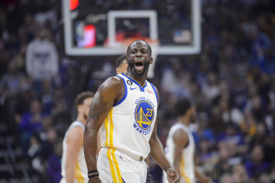 Golden State Warriors forward Draymond Green (23) reacts after an official's call in the first half during Game 1 in the first round of the NBA basketball playoffs against the Sacramento Kings in Sacramento, Calif., Monday, April 17, 2023. (AP Photo/Randall Benton)