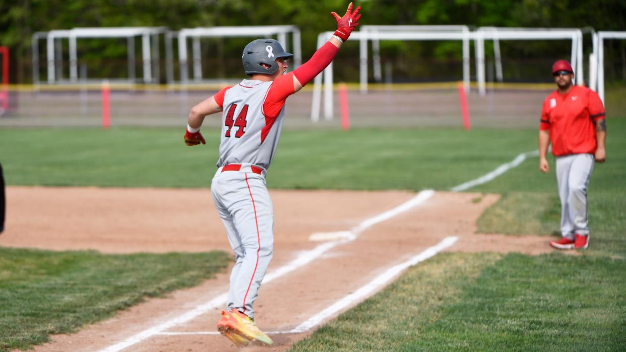 Delsea's Tyler Schoppe celebrates after hitting a 3-run homer, during the Diamond Classic quarterfinal baseball game between Delsea and Washington Township played at Delsea High School on Wednesday, May 8, 2024. Delsea defeated Washington Township, 6-5.