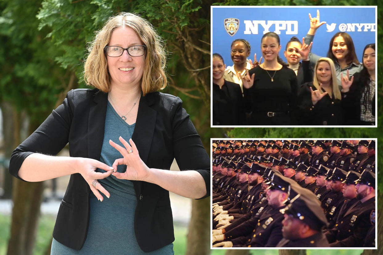 composite image: left wohlstetter signing as she smiles and looks into the camera; upper right cadets signing, lower right, cadets in uniform at graduation