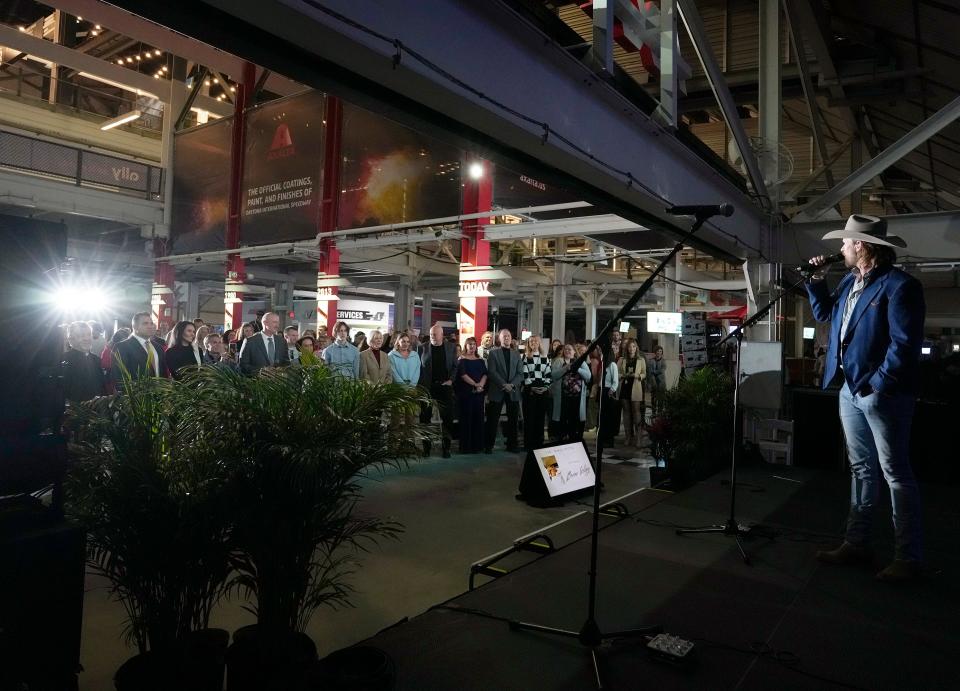 Country music superstar and Ormond Beach native Brian Kelley addresses the crowd at the 104th annual meeting of the Daytona Regional Chamber of Commerce on Friday, Feb. 2, 2024. The event inside the grandstands at Daytona International Speedway drew more than 600 people.