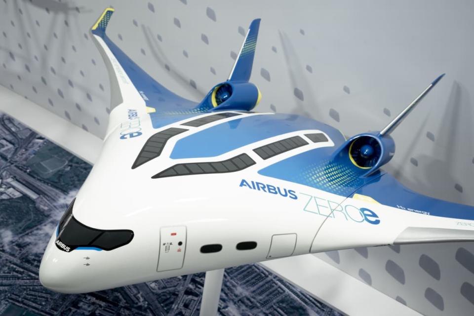 <div class="inline-image__caption"><p>A scaled model of an Airbus Blended-Wing Body zero emission concept aircraft powered by hydrogen combustion through modified gas turbine engines. </p></div> <div class="inline-image__credit">Richard Baker/Getty</div>