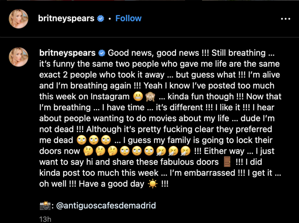 Britney Spears has message for Millie Bobby Brown in response to biopic comments (Instagram)