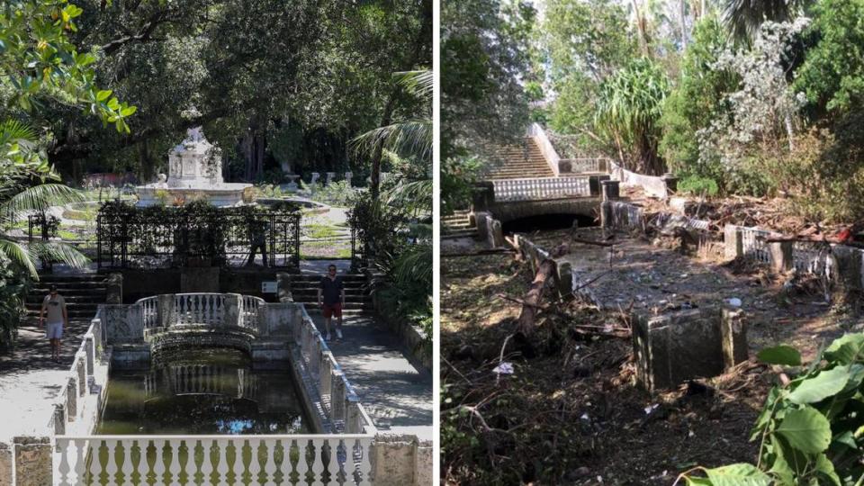 Marine Garden was restored to it’s historic state (left) after Hurricane Irma broke down walls and left behind debris (right).