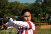 Leryn Franco, member of the Paraguayan Olympic javelin team and model, takes part in a practice ahead of the London 2012 Olympic Games, in Asuncion on July 19, 2012. Franco's beauty was a media sensation during the Beijing 2008 Olympic Games. (Norberto Duarte/AFP/Getty Images)