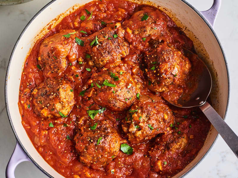 Meatballs, from Anne Burrell's Excellent Meatballs recipe, in a Dutch oven