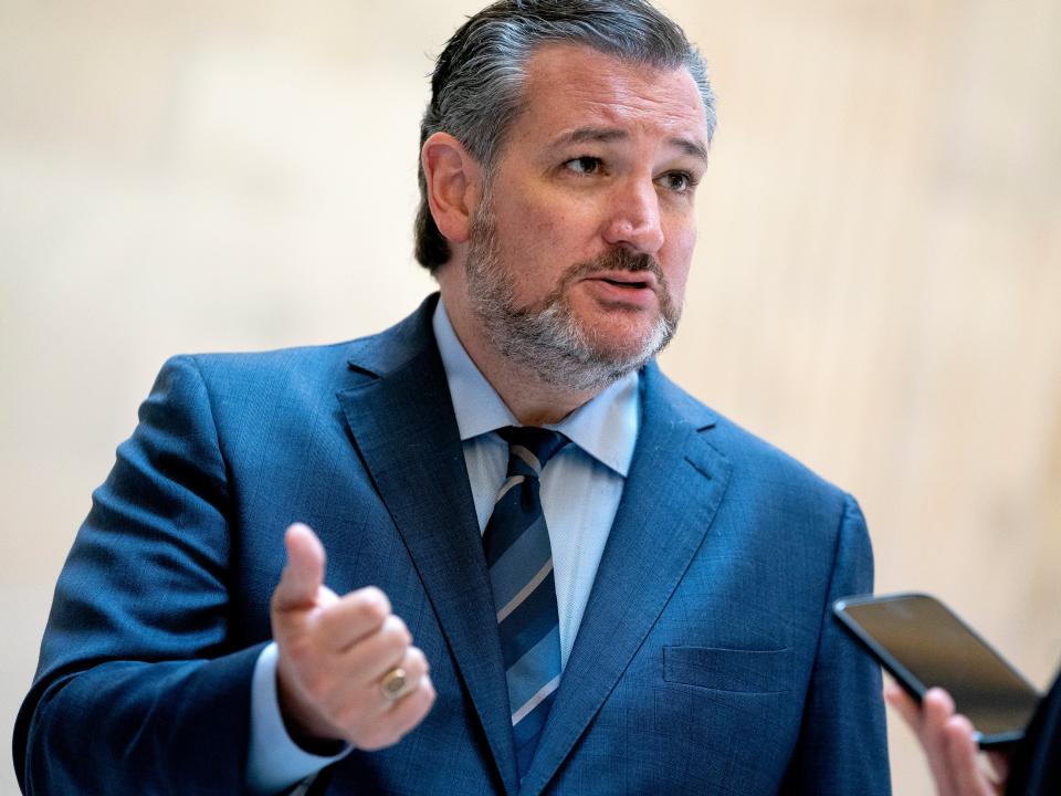 <p>Ted Cruz (R-TX) speaks to reporters prior to the Senate Republican luncheons at the Russell Senate Office Building on Capitol Hill on 13 April 2021 in Washington, DC</p> ((Getty Images))