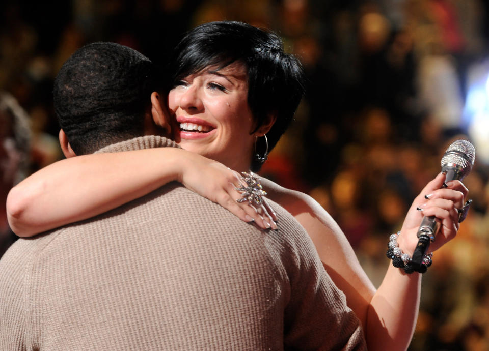 Eliminated contestant Erika Van Pelt (R) and contestant Joshua Ledet onstage at FOX's 'American Idol' Season 11 Top 10 To 9 Live Elimination Show on March 22, 2012 in Hollywood, California. (Photo by FOX via Getty Images)