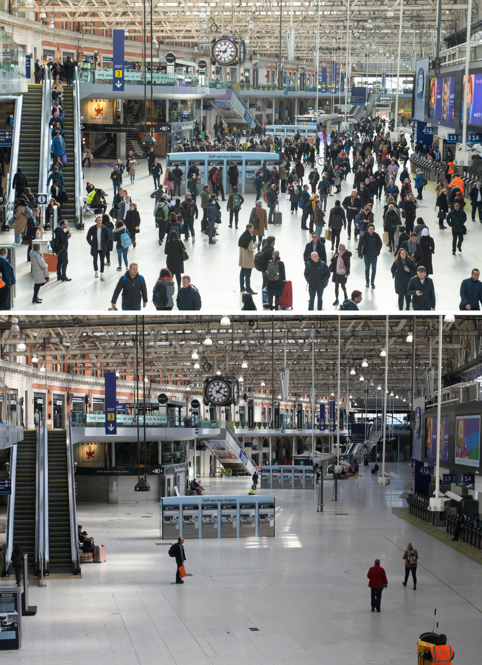 A composite image of commuters at Waterloo station in London on 12/03/20 (top), and on Wednesday 25/03/20 (bottom), after Prime Minister Boris Johnson put the UK in lockdown to help curb the spread of the coronavirus.