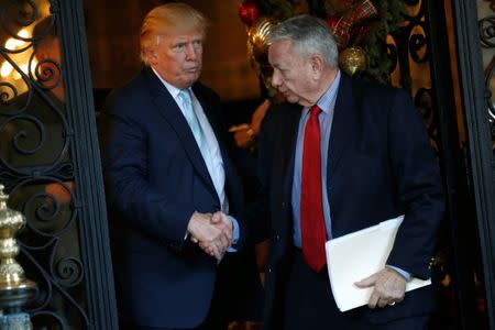 U.S. President-elect Donald Trump (L) sees out former Wisconsin Governor Tommy Thompson (R) after their meeting at the Mar-a-lago Club in Palm Beach, Florida, U.S. December 28, 2016. REUTERS/Jonathan Ernst