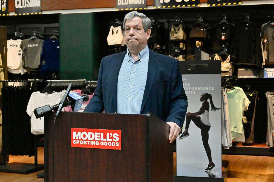 NEW YORK, NEW YORK - MARCH 18: Mitchell B. Modell holds a press conference to announce coalition of business, medical and political leaders to provide solutions to the Coronavirus  at Modell's Sporting Goods Store in Times Square on March 18, 2020 in New York City. (Photo by Astrid Stawiarz/Getty Images for Modell's )