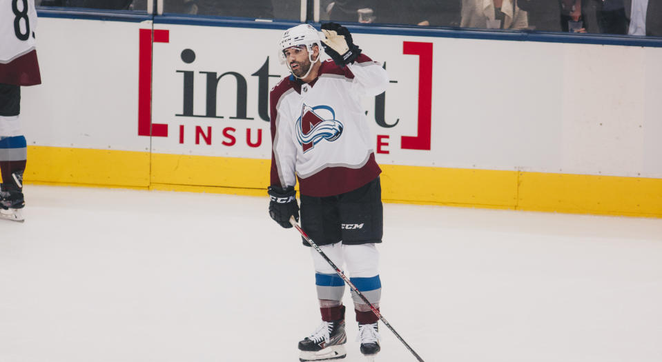 Nazem Kadri of the Colorado Avalanche gestures to the crowd at Scotiabank Arena while being recognized for his time with the Toronto Maple Leafs on Wednesday night. (Kishan Mistry/Yahoo Sports Canada)